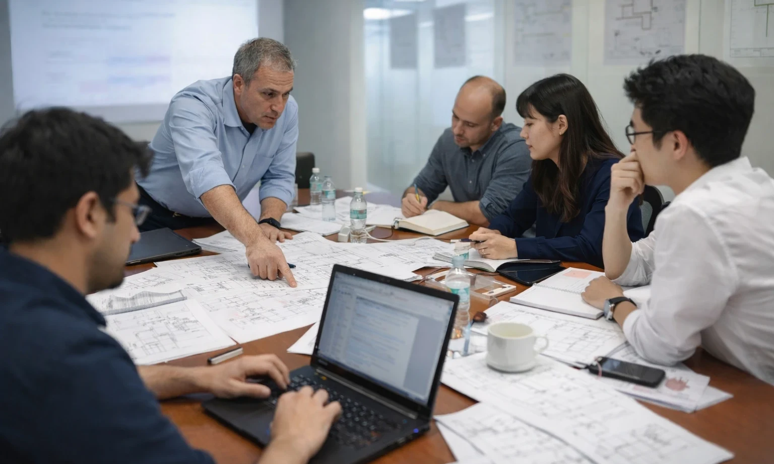 Five engineers in a HAZOP-style meeting around a cluttered conference table reviewing engineering drawings, with one facilitator leading the discussion and a participant typing on a laptop in the foreground.