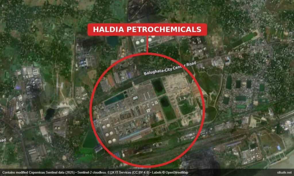 Satellite view of the Haldia Petrochemicals complex in West Bengal, India, site of the June 2026 naphtha pipeline fire, marked with a red circle