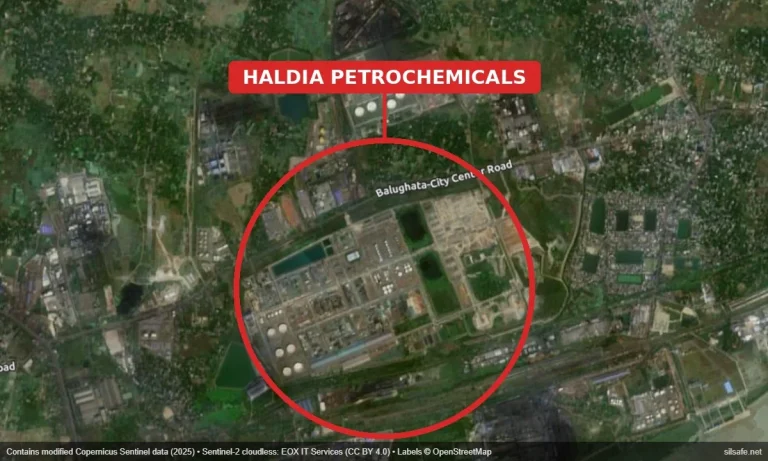 Satellite view of the Haldia Petrochemicals complex in West Bengal, India, site of the June 2026 naphtha pipeline fire, marked with a red circle