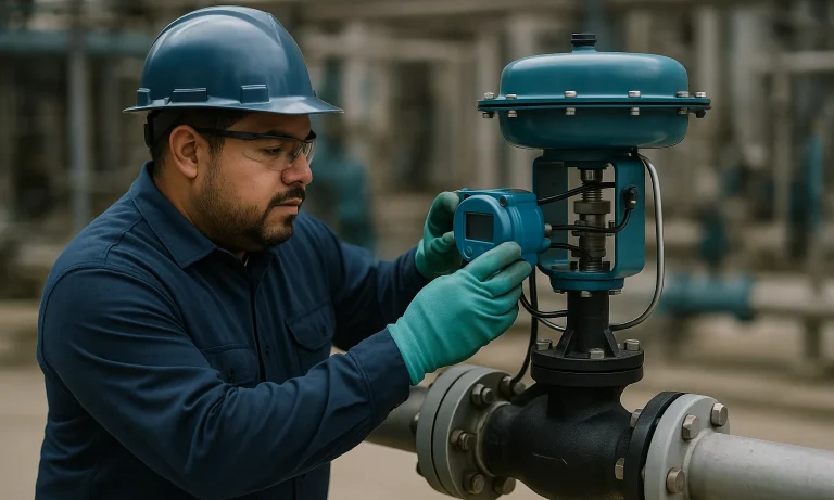 Hispanic man performing a proof test on a automated valve