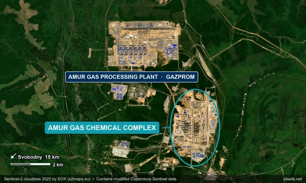 Satellite view of the Amur Gas Chemical Complex near Svobodny in Russia’s Amur Region, circled, with Gazprom’s Amur Gas Processing Plant immediately to the northwest