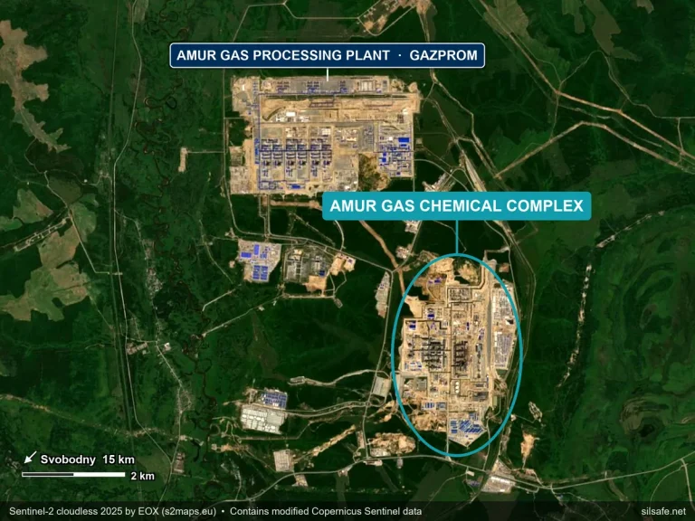 Satellite view of the Amur Gas Chemical Complex near Svobodny in Russia’s Amur Region, circled, with Gazprom’s Amur Gas Processing Plant immediately to the northwest