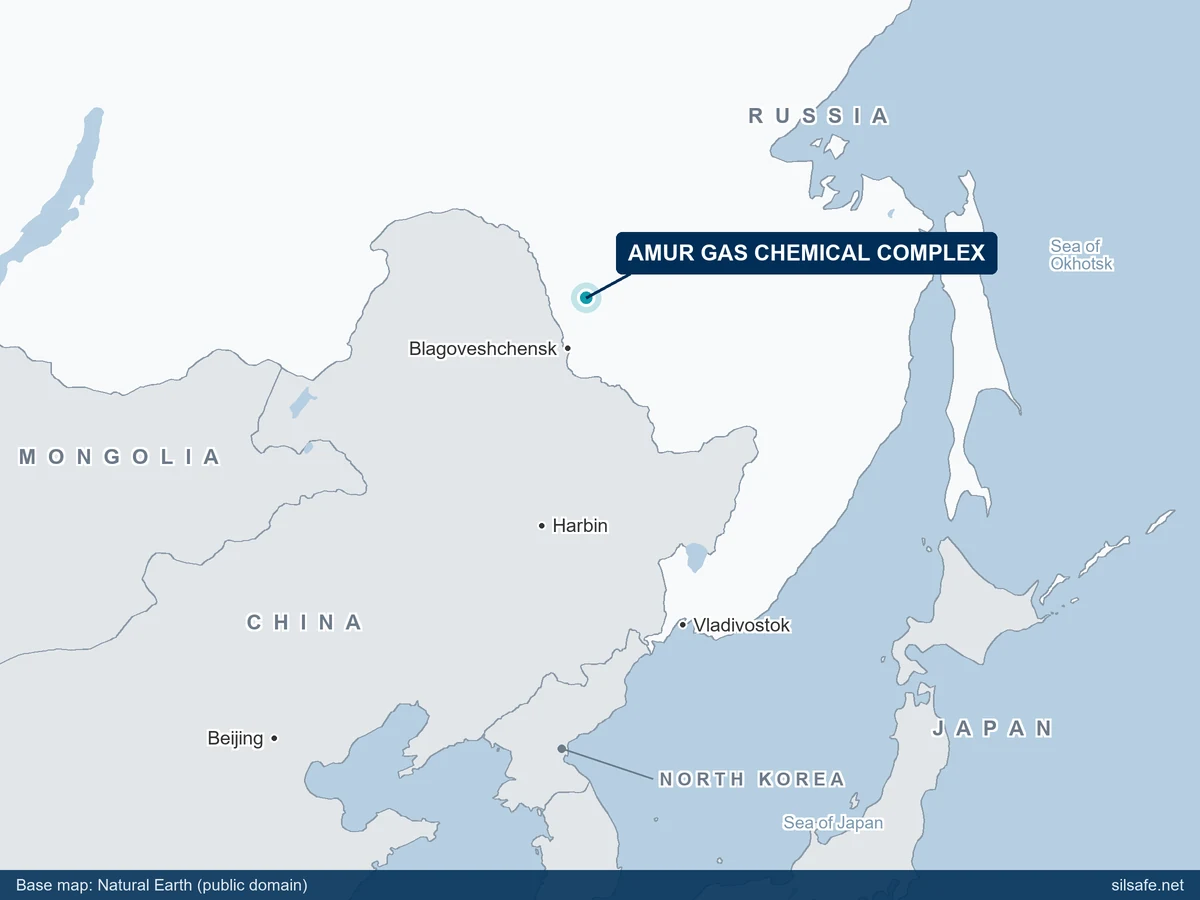 Locator map of the Russian Far East showing the Amur Gas Chemical Complex north of Blagoveshchensk, with Harbin, Vladivostok, Beijing and North Korea for reference