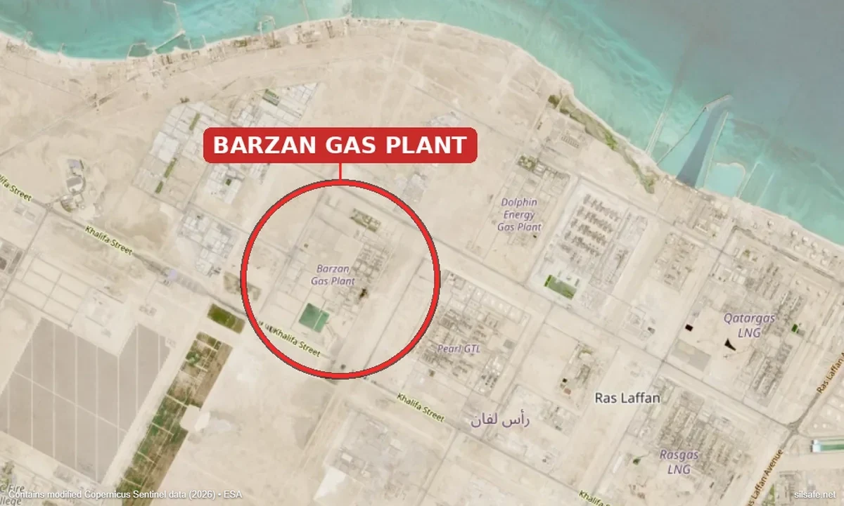 Satellite view of the Barzan gas plant at Qatar’s Ras Laffan Industrial City, site of the June 2026 explosion, marked with a red circle