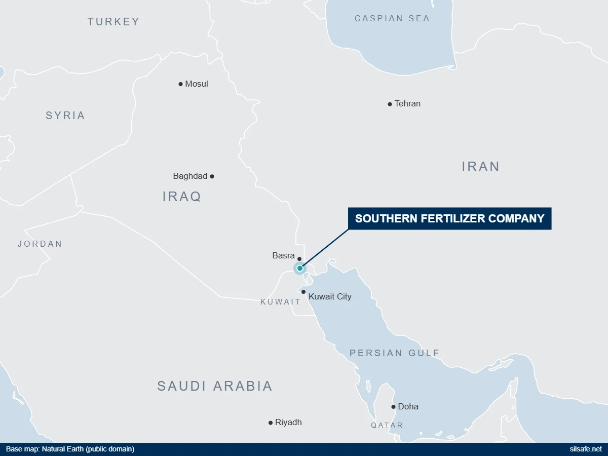 Locator map of Iraq and the Persian Gulf showing the Southern Fertilizer Company at Khor al-Zubair, south of Basra, with Baghdad, Kuwait City, Tehran and Riyadh for reference