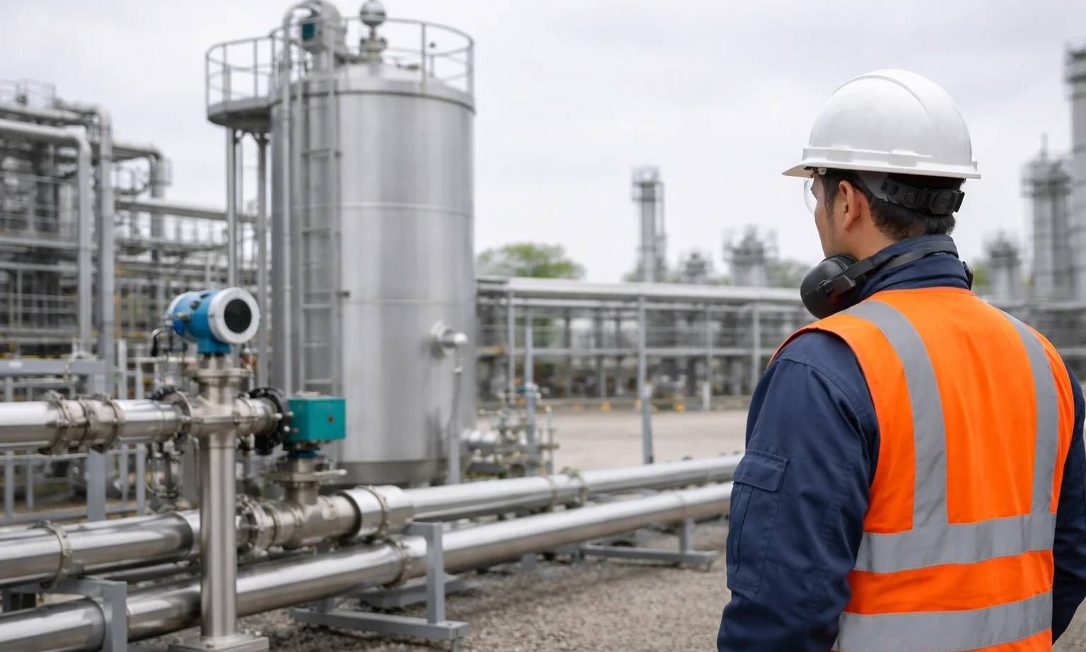 Engineer in PPE observing a clean industrial process area with simple equipment and piping, representing the functional safety (IEC 61511-1) framework in a real-world setting