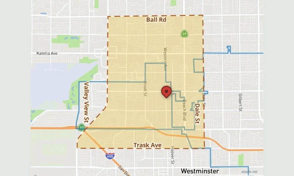Map of Garden Grove, California showing the approximately nine-square-mile evacuation zone around the GKN Aerospace facility during the May 2026 methyl methacrylate tank emergency.