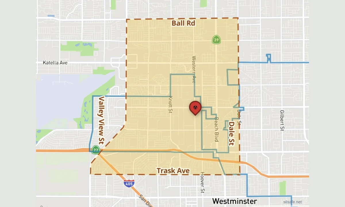 Map of Garden Grove, California showing the approximately nine-square-mile evacuation zone around the GKN Aerospace facility during the May 2026 methyl methacrylate tank emergency.