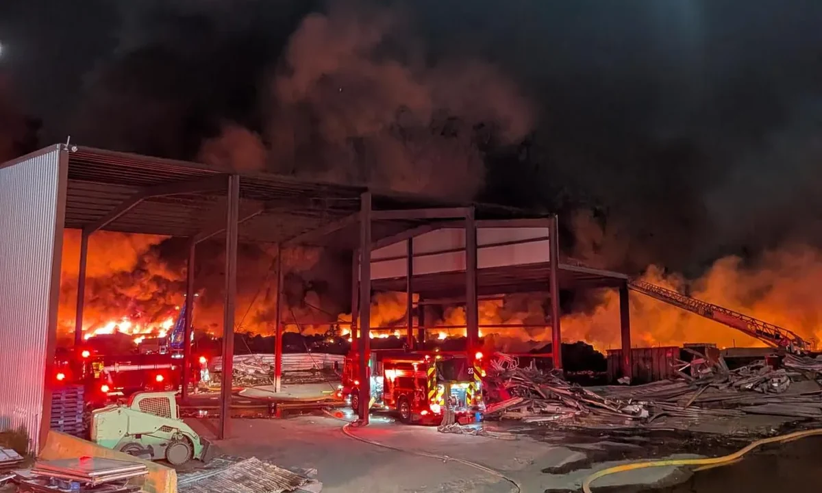 Black smoke rising from the Houston tire and scrap recycling fire at Mammoth Metal Recycling