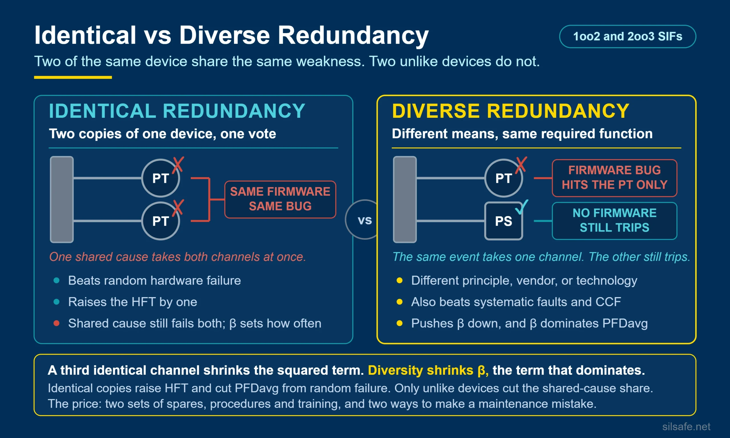 Identical vs diverse redundancy infographic: two identical pressure transmitters share one firmware bug and both fail; a transmitter paired with a pressure switch loses only one channel and still trips. Diversity lowers the beta factor.