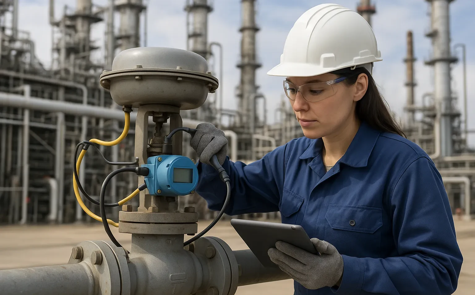 Female technician inspecting an industrial valve with a handheld device at a process facility