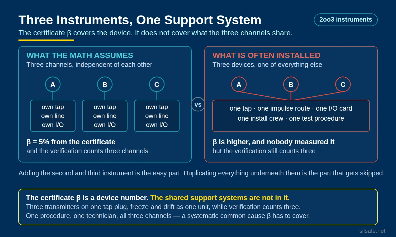 Three instruments with their own taps, lines and I/O compared against three instruments sharing one tap, one route, one card and one test procedure
