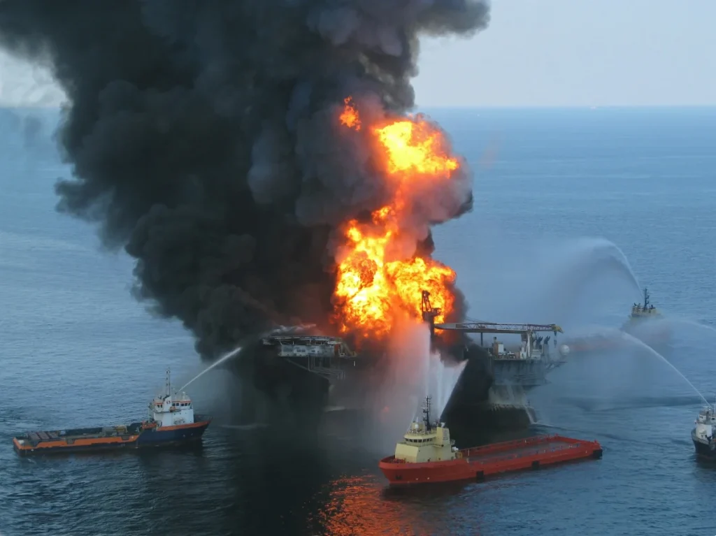 Fire boats fighting the Deepwater Horizon fire in the Gulf of Mexico in April 2010