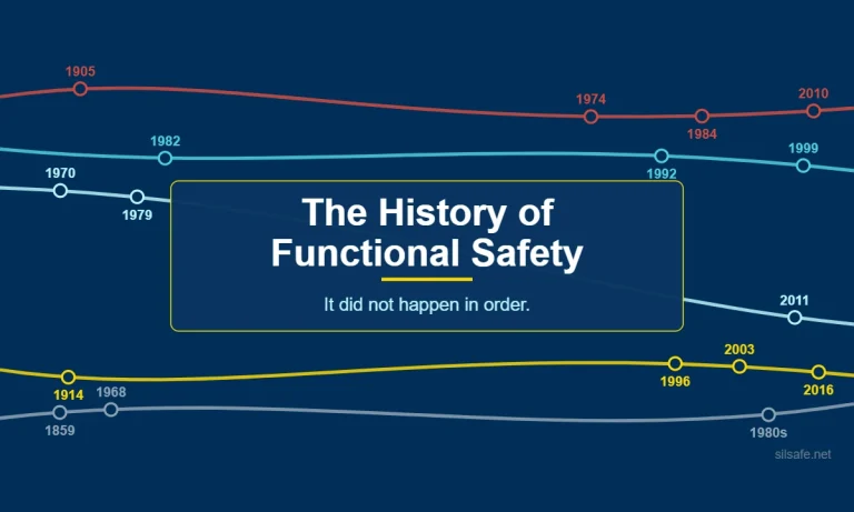 The History of Functional Safety. Five colored timeline threads for accidents, regulators, standards, hardware and other sectors running side by side, with the subtitle It did not happen in order