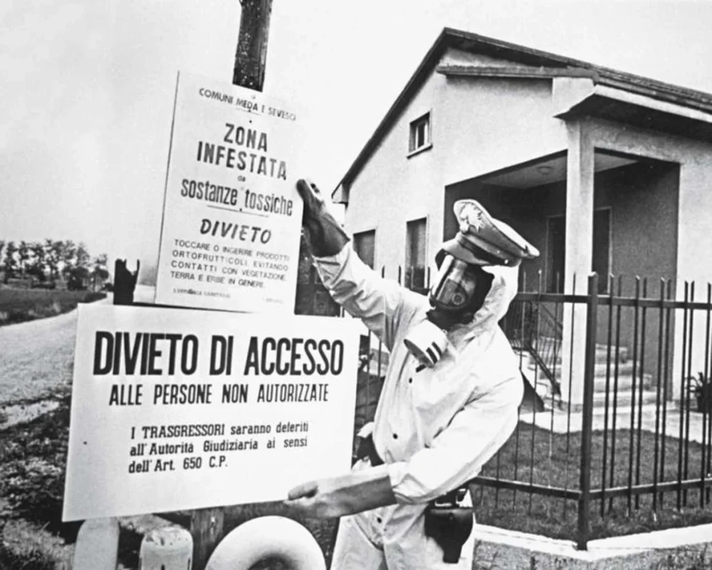 Warning sign at the edge of the contaminated zone after the 1976 Seveso release in Italy