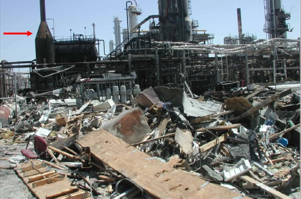 Destroyed trailers beside the blowdown stack after the 2005 BP Texas City refinery explosion