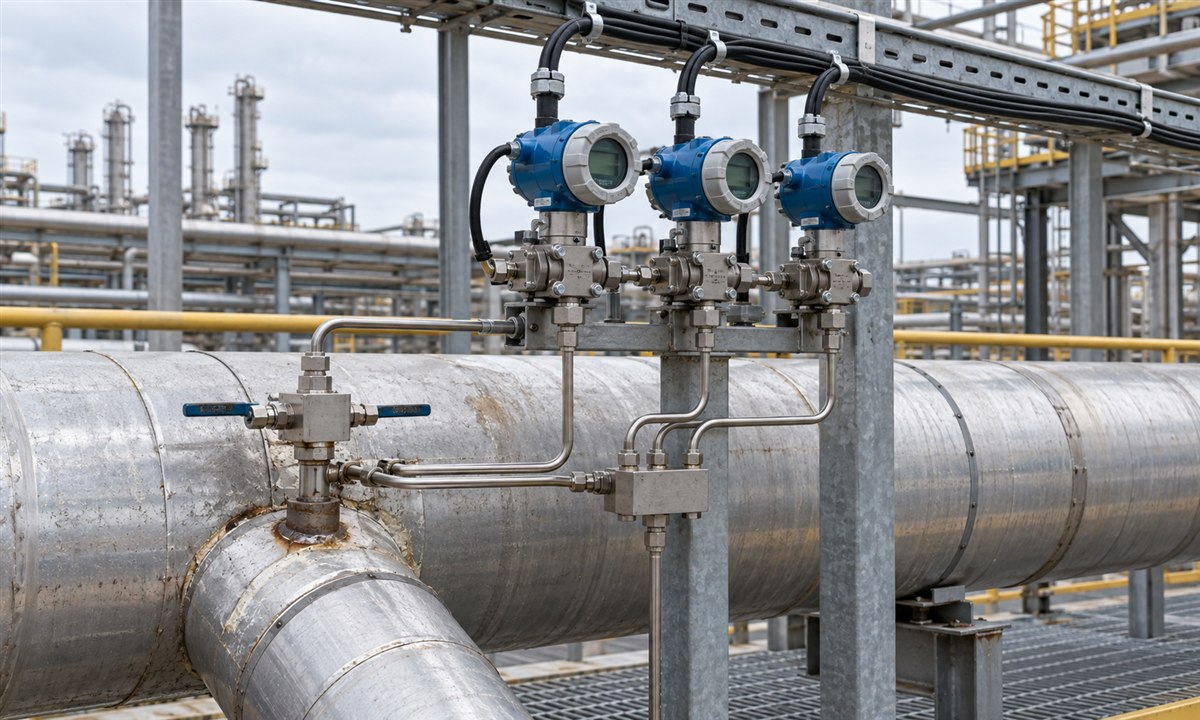 Three identical pressure transmitters sharing one process tap, one impulse-tubing header and one cable tray on an insulated process pipe, the kind of shared installation that drives common cause failure