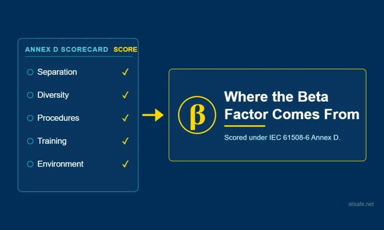 Infographic title card: an IEC 61508-6 Annex D scorecard with five categories ticked, an arrow, and a gold beta symbol, titled Where the Beta Factor Comes From